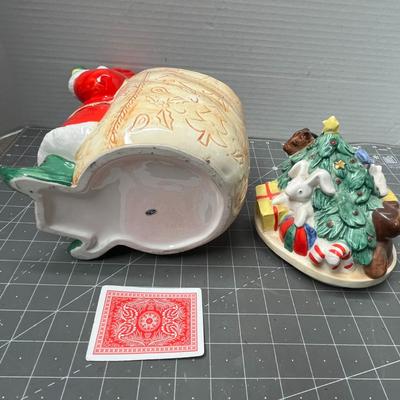 Sale Photo Thumbnail #563: Ceramic—red suit, gift sack, teddy bear detail.