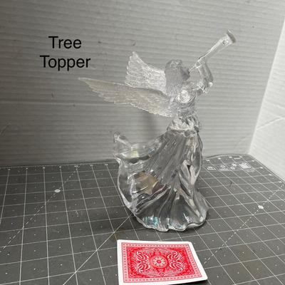 Sale Photo Thumbnail #585: Clear glass, 6 in tall—trumpet angel with wings and gown.