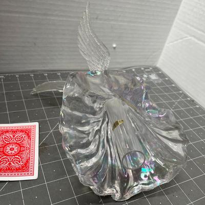 Sale Photo Thumbnail #586: Clear glass, 6 in tall—trumpet angel with wings and gown.