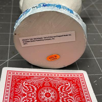 Sale Photo Thumbnail #596: 6.5 in tall—white snowman with hat, flower, base and box.