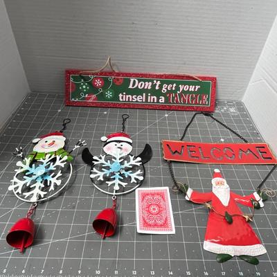 Sale Photo Thumbnail #598: 4 pc—“Tinsel” sign, 2 snowmen w/ bells, Santa “WELCOME” sign.