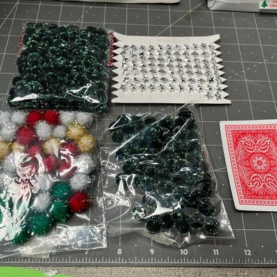 Sale Photo Thumbnail #602: 6 pc—clear halves, pom-poms, beads, sequins, stars, trays.