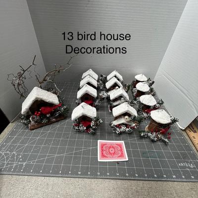 Sale Photo Thumbnail #615: 13 pc—snow-roof birdhouses with red birds and greenery.
