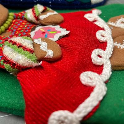 Sale Photo Thumbnail #663: 3 Christmas stockings—gingerbread, Santas, Santa scene.
