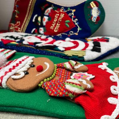 Sale Photo Thumbnail #662: 3 Christmas stockings—gingerbread, Santas, Santa scene.
