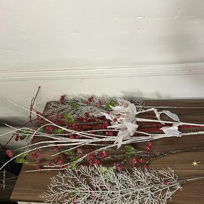 Sale Photo Thumbnail #687: Red berries, gold glitter, frosted branches, green leaves.