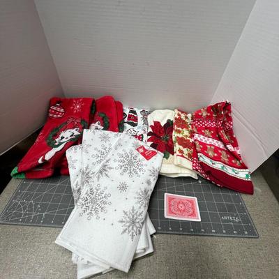 Sale Photo Thumbnail #697: 9 colorful towels, red, white, green, festive Christmas designs.