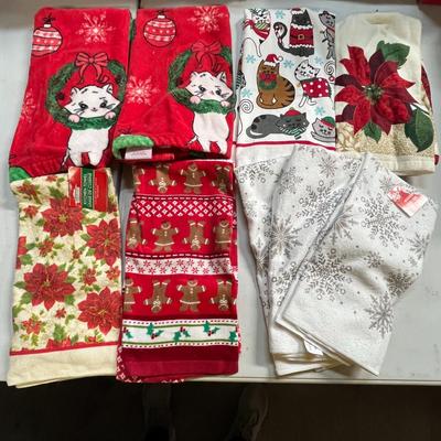 Sale Photo Thumbnail #699: 9 colorful towels, red, white, green, festive Christmas designs.