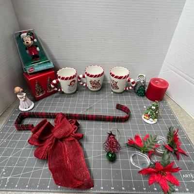 Sale Photo Thumbnail #709: 3 mugs, ornaments, candle, ribbon, tree, poinsettia flowers.