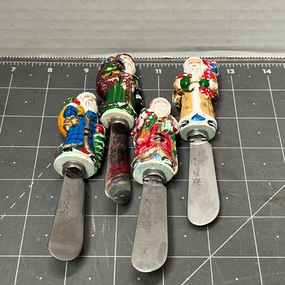 Sale Photo Thumbnail #715: Dress towel, pot holders, scarves, four Santa cheese knives.