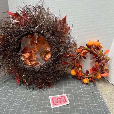 Sale Photo Thumbnail #741: 15 inch wreath, 10 inch wreath, leaves, berries, pumpkins.