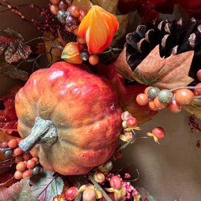 Sale Photo Thumbnail #749: 23 inch wreath, pumpkins, pinecones, berries, colorful autumn leaves.