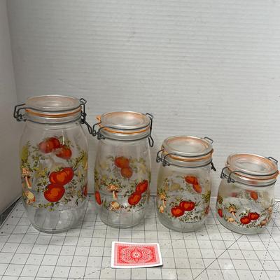 Sale Photo Thumbnail #100: 4 clamp lid jars, pumpkin and mushroom designs, harvest foliage.