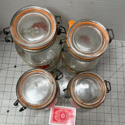 Sale Photo Thumbnail #102: 4 clamp lid jars, pumpkin and mushroom designs, harvest foliage.