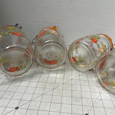Sale Photo Thumbnail #103: 4 clamp lid jars, pumpkin and mushroom designs, harvest foliage.