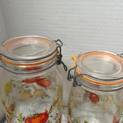 Sale Photo Thumbnail #101: 4 clamp lid jars, pumpkin and mushroom designs, harvest foliage.