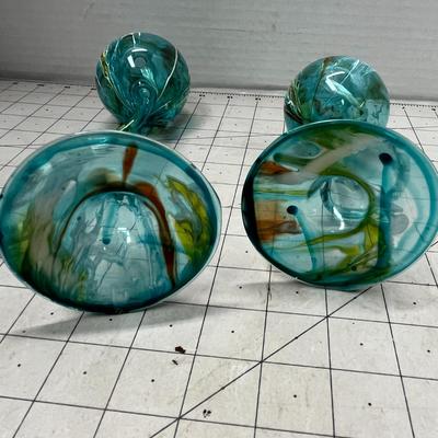 Sale Photo Thumbnail #797: 2 Variable Sizes - 10" & 7", Teal, White, Amber Swirls.
