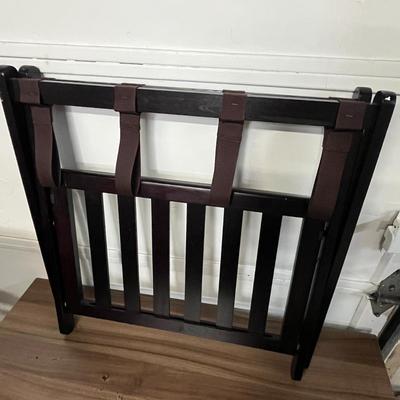 Sale Photo Thumbnail #857: Includes fabric straps, dark wood frame, slatted lower shelf.