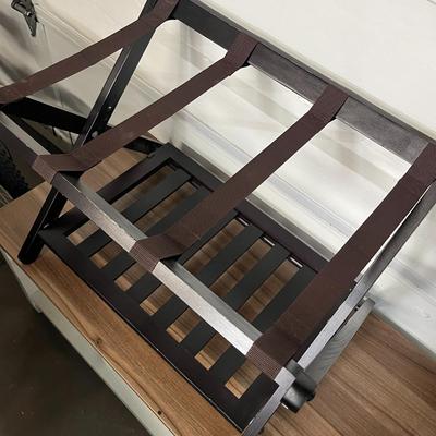 Sale Photo Thumbnail #856: Includes fabric straps, dark wood frame, slatted lower shelf.