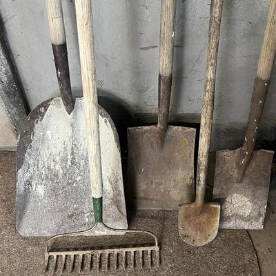 Sale Photo Thumbnail #859: Includes scoop shovel, rake, square-point, round-point, wood handles.