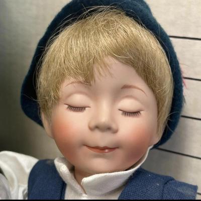 Sale Photo Thumbnail #895: Lady & Baby Size - 18", 8" & Boy Size - 14" Includes straw bedding, lace dress, vest outfit, boxed presentation.