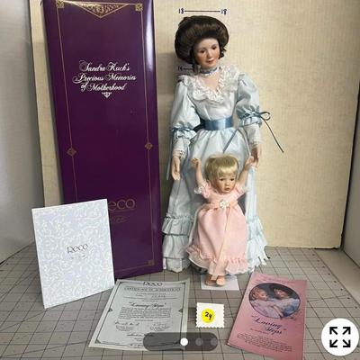 Sale Photo Thumbnail #887: Lady & Baby Size - 18", 8" & Boy Size - 14" Includes straw bedding, lace dress, vest outfit, boxed presentation.