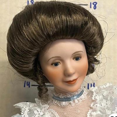 Sale Photo Thumbnail #888: Lady & Baby Size - 18", 8" & Boy Size - 14" Includes straw bedding, lace dress, vest outfit, boxed presentation.