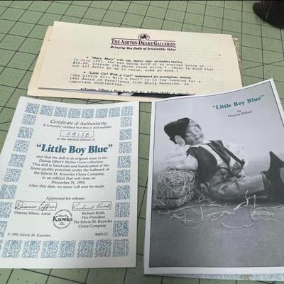 Sale Photo Thumbnail #900: Lady & Baby Size - 18", 8" & Boy Size - 14" Includes straw bedding, lace dress, vest outfit, boxed presentation.