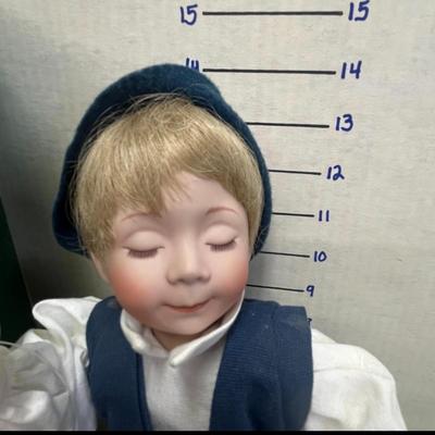 Sale Photo Thumbnail #898: Lady & Baby Size - 18", 8" & Boy Size - 14" Includes straw bedding, lace dress, vest outfit, boxed presentation.