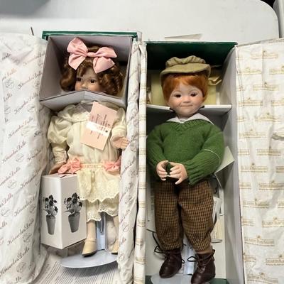 Sale Photo Thumbnail #902: 16 inch Girl and 15 inch Boy. Includes lace dress, knit sweater, original boxes, vintage presentation.