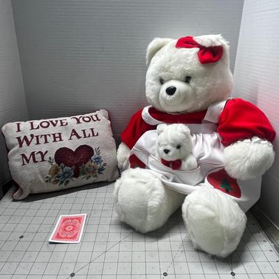 Sale Photo Thumbnail #956: Includes two bears, red bows, embroidered pillow, love-themed decor.