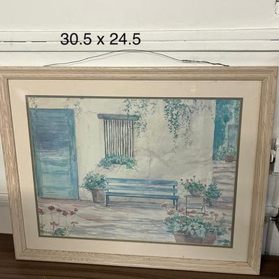 Sale Photo Thumbnail #970: Blue bench, stucco wall, plants, flowers, serene outdoor setting.