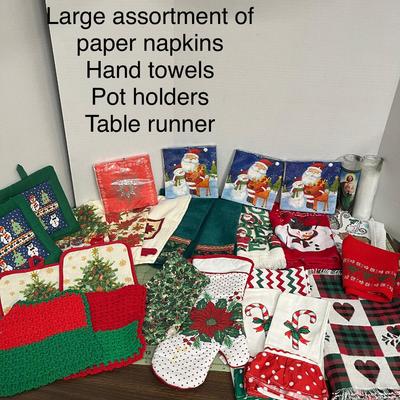 Sale Photo Thumbnail #1020: Includes napkins, towels, potholders, table runner, candle holders.