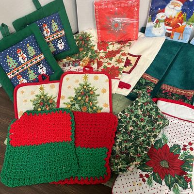 Sale Photo Thumbnail #1021: Includes napkins, towels, potholders, table runner, candle holders.