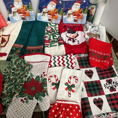 Sale Photo Thumbnail #1022: Includes napkins, towels, potholders, table runner, candle holders.