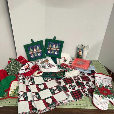 Sale Photo Thumbnail #1023: Includes napkins, towels, potholders, table runner, candle holders.