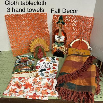 Sale Photo Thumbnail #1025: Includes 2 tablecloths Size - 82x58, 3 towels, 3 fall figurines, assorted colors.