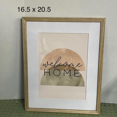 Sale Photo Thumbnail #1038: Features peach and green shapes, oak frame, welcoming message.