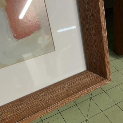 Sale Photo Thumbnail #70: Includes 2 artworks, wooden frames, blue orange pink tones.