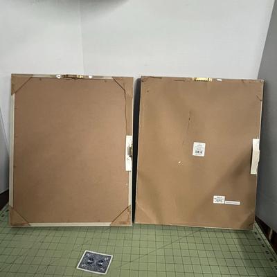 Sale Photo Thumbnail #69: Includes 2 artworks, wooden frames, blue orange pink tones.