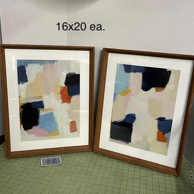 Sale Photo Thumbnail #68: Includes 2 artworks, wooden frames, blue orange pink tones.