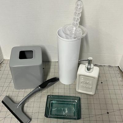 Sale Photo Thumbnail #1150: Includes brush, tissue box, soap dispenser, dish, squeegee—5 pieces.