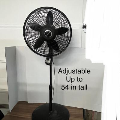 Sale Photo Thumbnail #1157: Five-blade fan, black finish, adjustable height up to 54 inches.