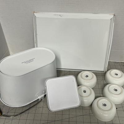 Sale Photo Thumbnail #1200: Includes coffee tin, bucket, five small Ceramic White Bowls.
