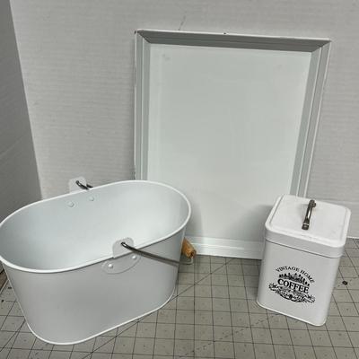 Sale Photo Thumbnail #1198: Includes coffee tin, bucket, five small Ceramic White Bowls.
