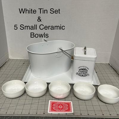 Sale Photo Thumbnail #1197: Includes coffee tin, bucket, five small Ceramic White Bowls.