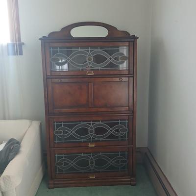 Barrister bookcase and secretary desk / bureau combination with intricate leaded stained-glass doors waterglass pattern