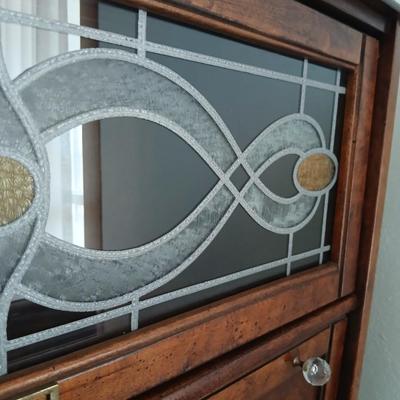 Barrister bookcase and secretary desk / bureau combination with intricate leaded stained-glass doors waterglass pattern