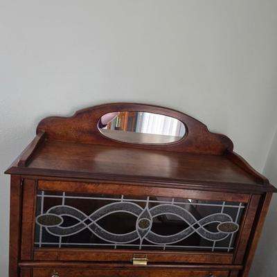 Barrister bookcase and secretary desk / bureau combination with intricate leaded stained-glass doors waterglass pattern