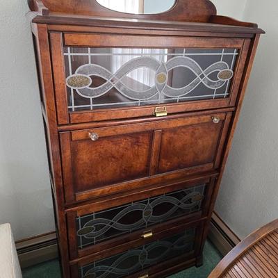 Barrister bookcase and secretary desk / bureau combination with intricate leaded stained-glass doors waterglass pattern